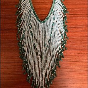 Aqua and green tone beaded fringe necklace